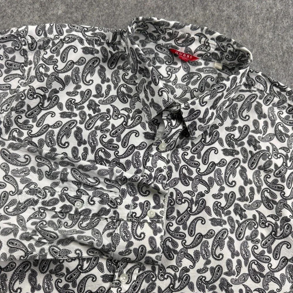 GUESS Womens Paisley Button Up Shirt White Black Long Sleeve XL Regular Fit